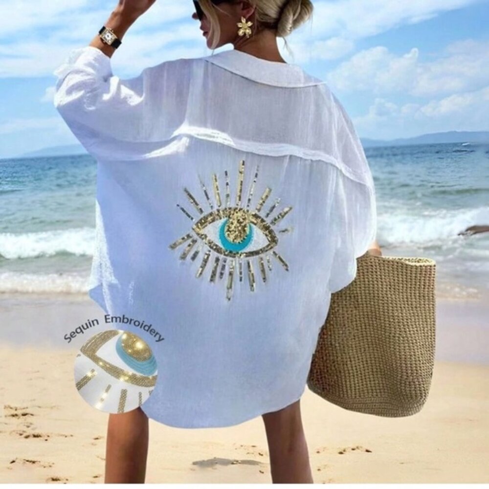 Eye Sequin Casual Shirt Dress